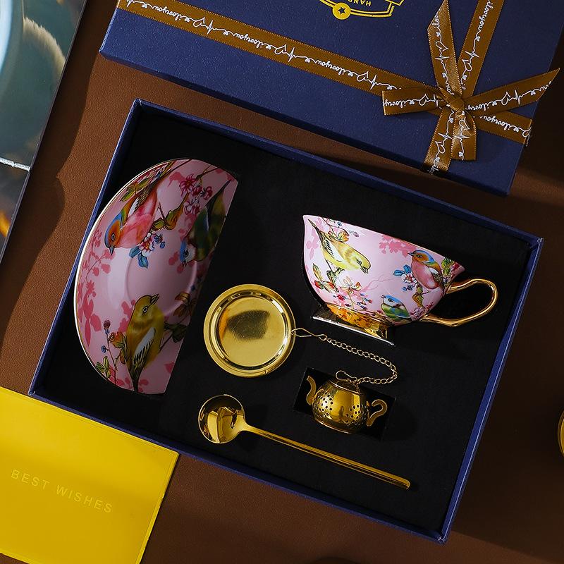 CUPURA Hano - CCS38 Luxury Bone China Tea Cup Set with Saucer Spoon and Strainer Floral Design Light Luxury European Style Gift Box Set Bohemian Powder Blue Classical Blue Rose Angel