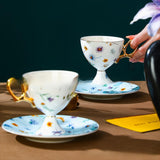 CUPURA Moka - CCS19 Luxury Bone China Tea Cup Set with Saucer Spoon and Strainer Floral Design Light Luxury European Style Gift Box Set Bohemian Powder Blue Classical Blue Rose Angel
