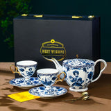 CUPURA Nelo - CCS294 Luxury Bone China Tea Cup Set with Saucer Spoon and Strainer Floral Design Light Luxury European Style Gift Box Set Bohemian Powder Blue Classical Blue Rose Angel