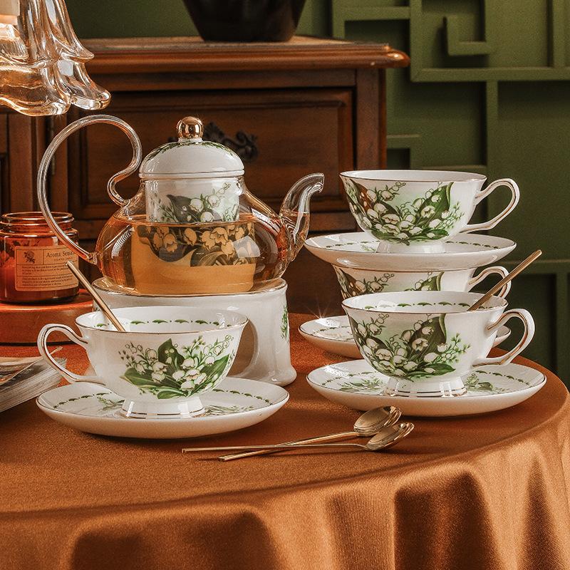 CUPURA Zaro - CCS27 Luxury Bone China Tea Cup Set with Saucer Spoon and Strainer Floral Design Light Luxury European Style Gift Box Set Bohemian Powder Blue Classical Blue Rose Angel