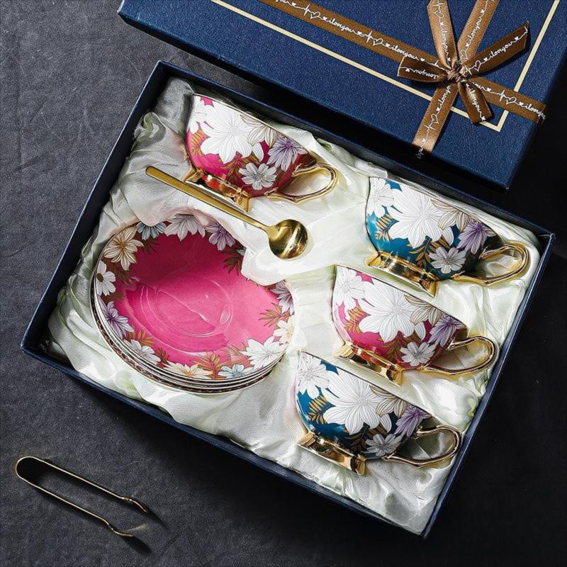 CUPURA Kova - CCS23 Luxury Bone China Tea Cup Set with Saucer Spoon and Strainer Floral Design Light Luxury European Style Gift Box Set Bohemian Powder Blue Classical Blue Rose Angel