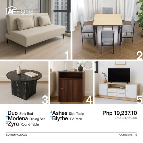Condo Package | Sofa Bed - Blythe TV Rack - Ashes Side Table - Zyra Round Table - Modena Dining Set with Cushion 4-Seater AF Home