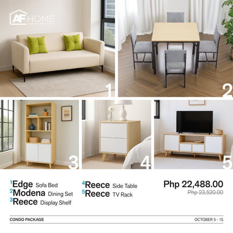 Condo Package | Sofa Bed - Reece Display Shelf - Reece TV Rack - Reece Side Table - Modena Dining Set with Cushion 4-Seater AF Home