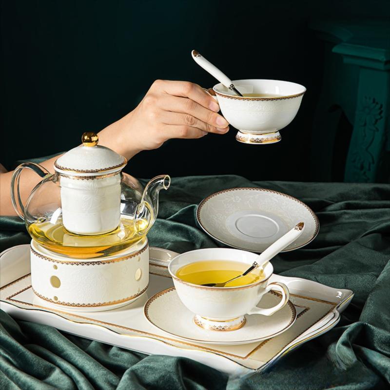 CUPURA Riva - CCS24 Luxury Bone China Tea Cup Set with Saucer Spoon and Strainer Floral Design Light Luxury European Style Gift Box Set Bohemian Powder Blue Classical Blue Rose Angel