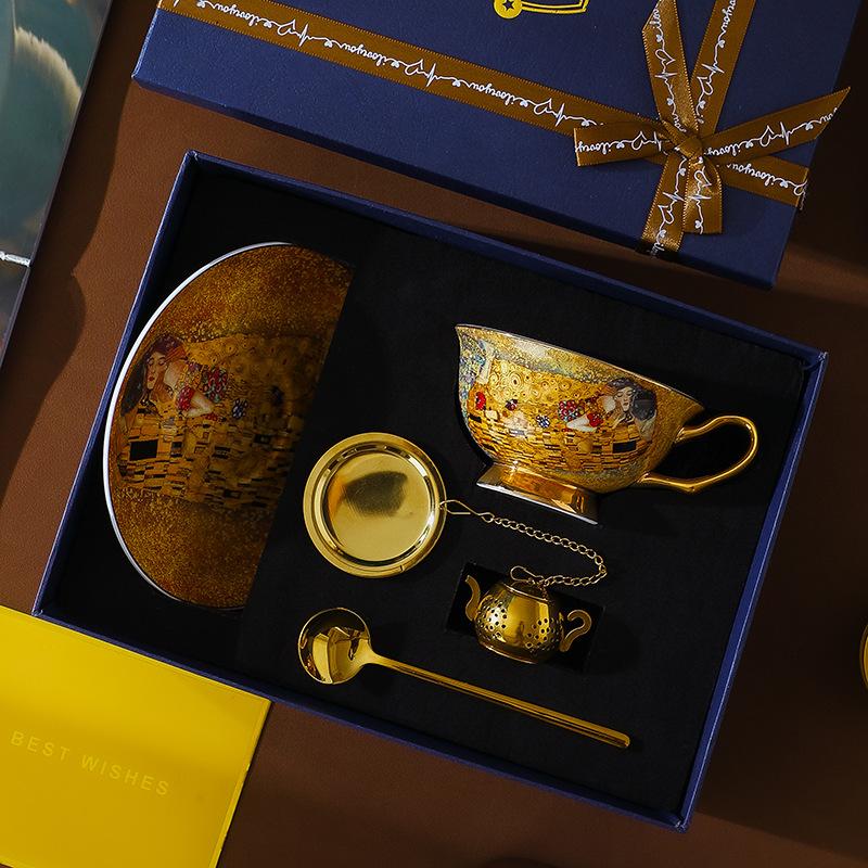 CUPURA Hano - CCS38 Luxury Bone China Tea Cup Set with Saucer Spoon and Strainer Floral Design Light Luxury European Style Gift Box Set Bohemian Powder Blue Classical Blue Rose Angel