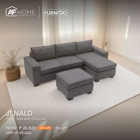 JENALD Fabric Sofa with Ottoman (Reversible L-Chaise) + BENNY CENTER TABLE | FREE BERRY SMALL TEARDROP (RANDOM COLOR) | HOME FEST Furnigo