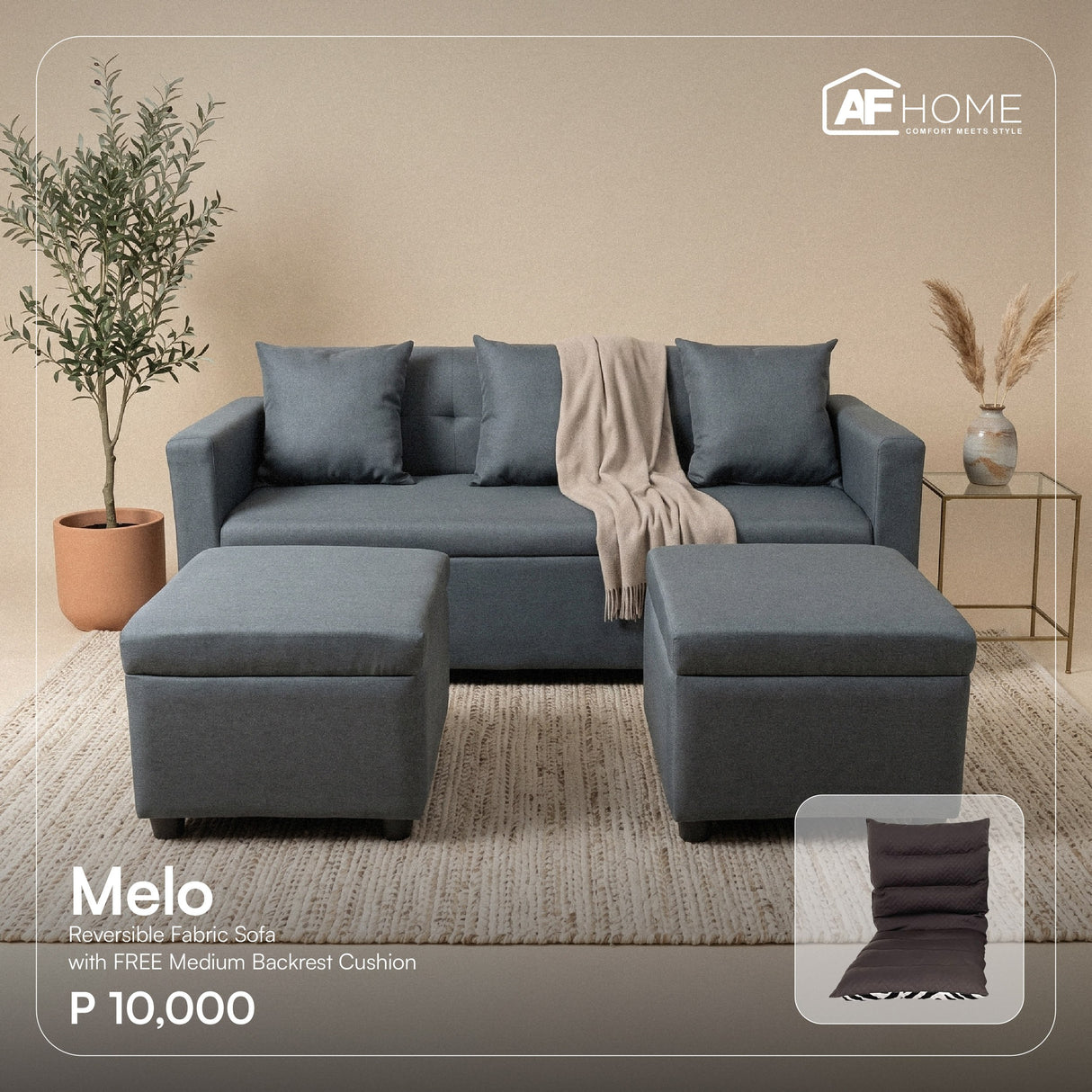Melo Reversible Fabric Sofa Set - FREE Backrest Cushion (Flash Sale) Affordahome