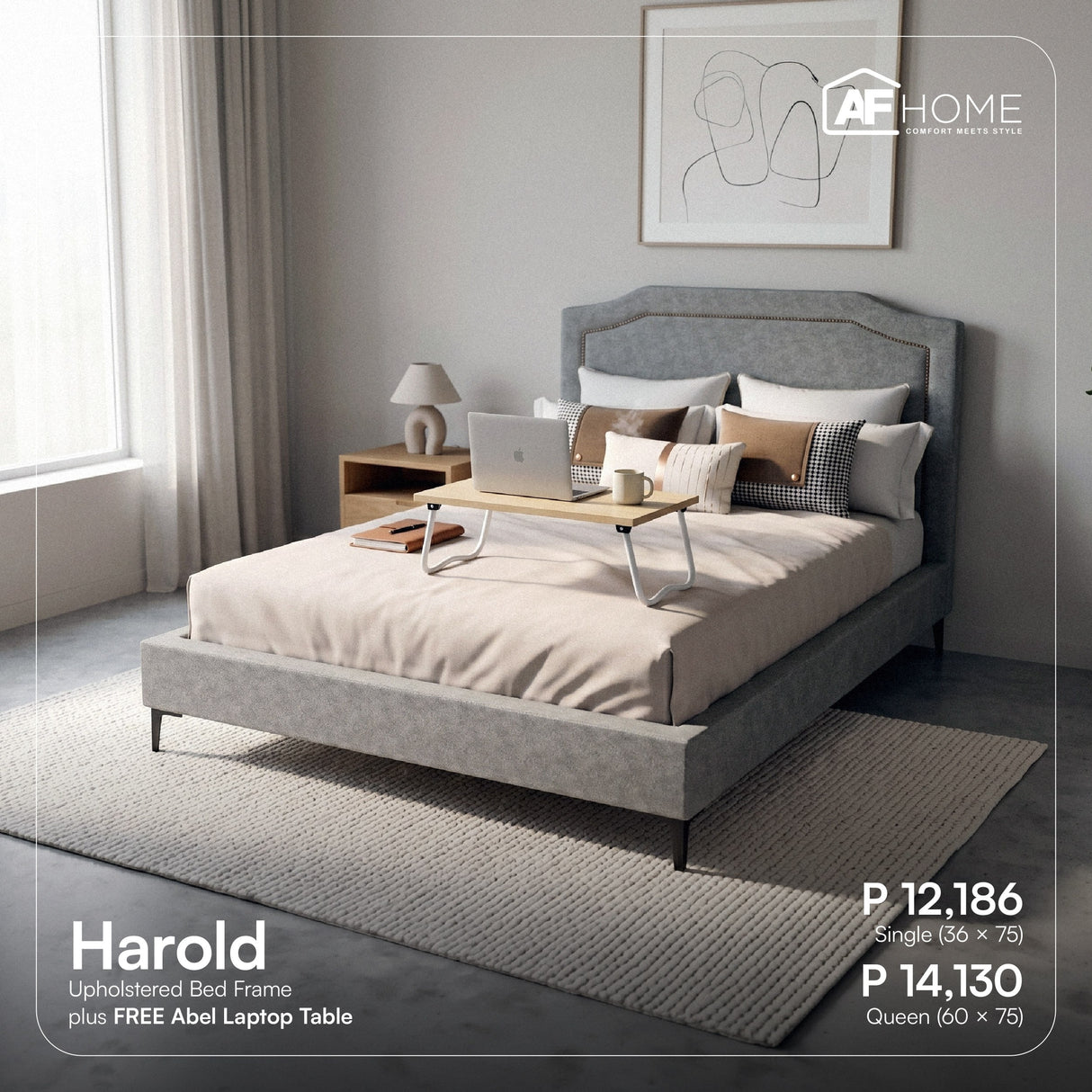 Flash Sale - Harold Upholstered Bed Frame + FREE Abel Laptop Table AF Home
