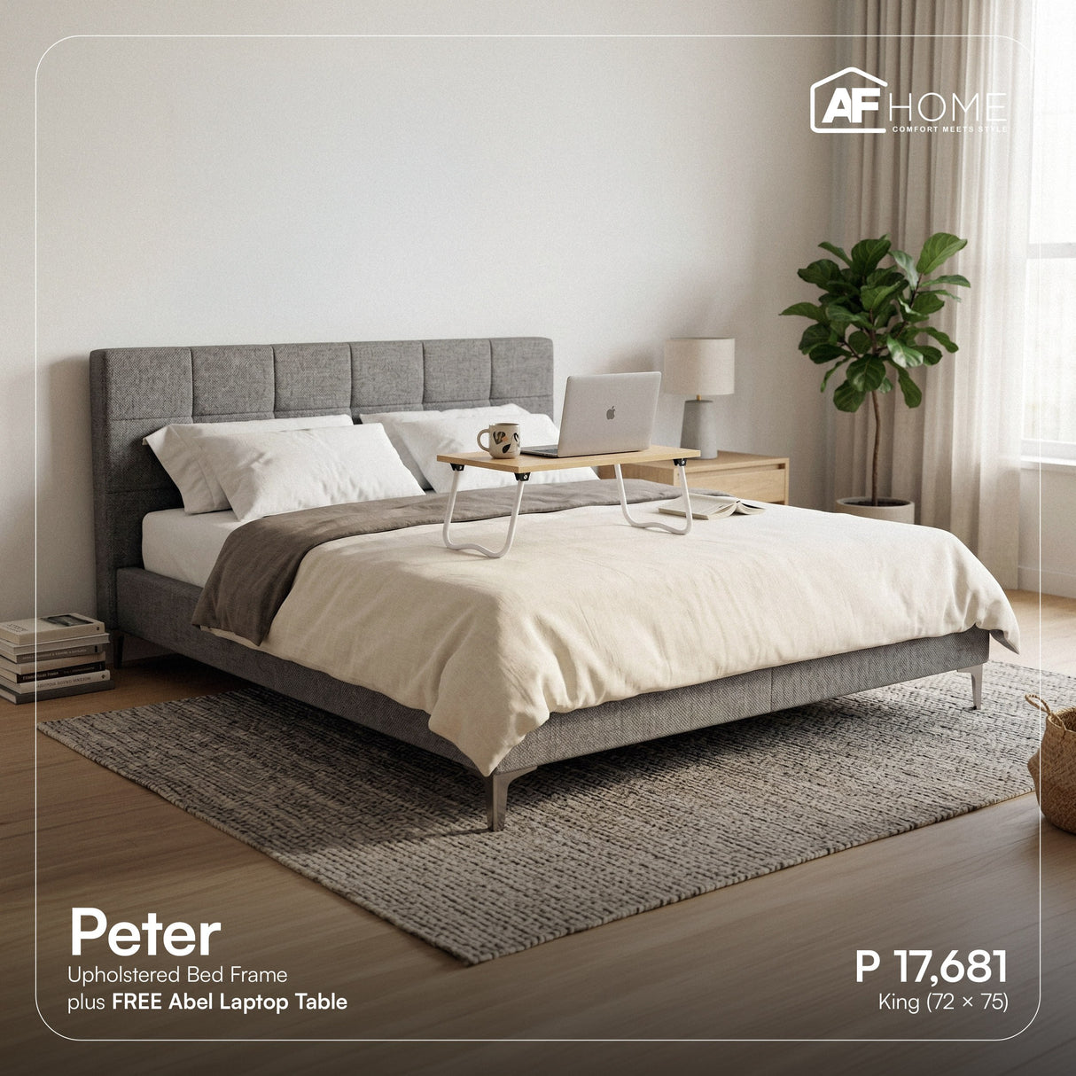 Flash Sale - Peter Upholstered Bed Frame 72'' + FREE Abel Laptop Table AF Home