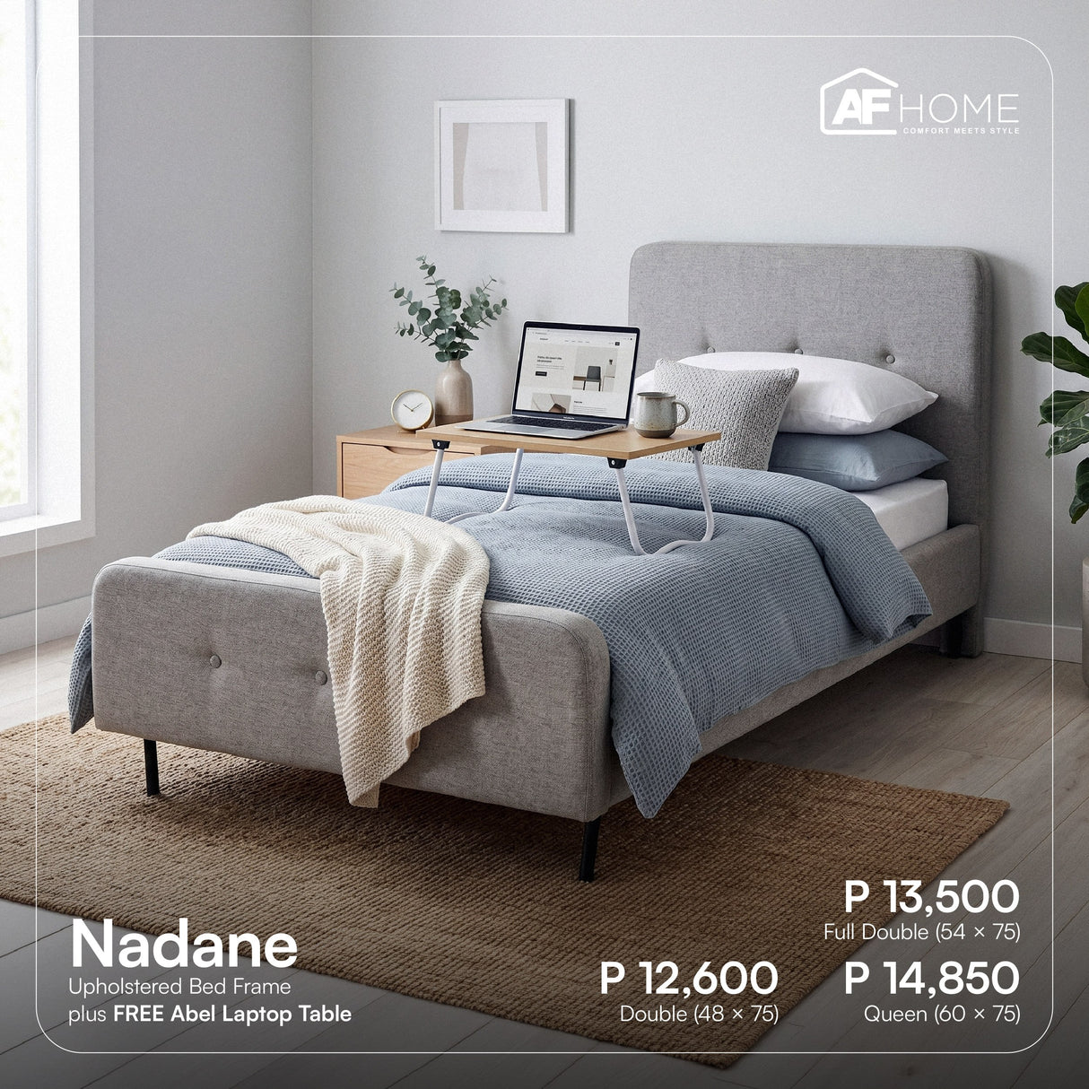 Flash Sale - Henry Upholstered Bed Frame + FREE Abel Laptop Table AF Home