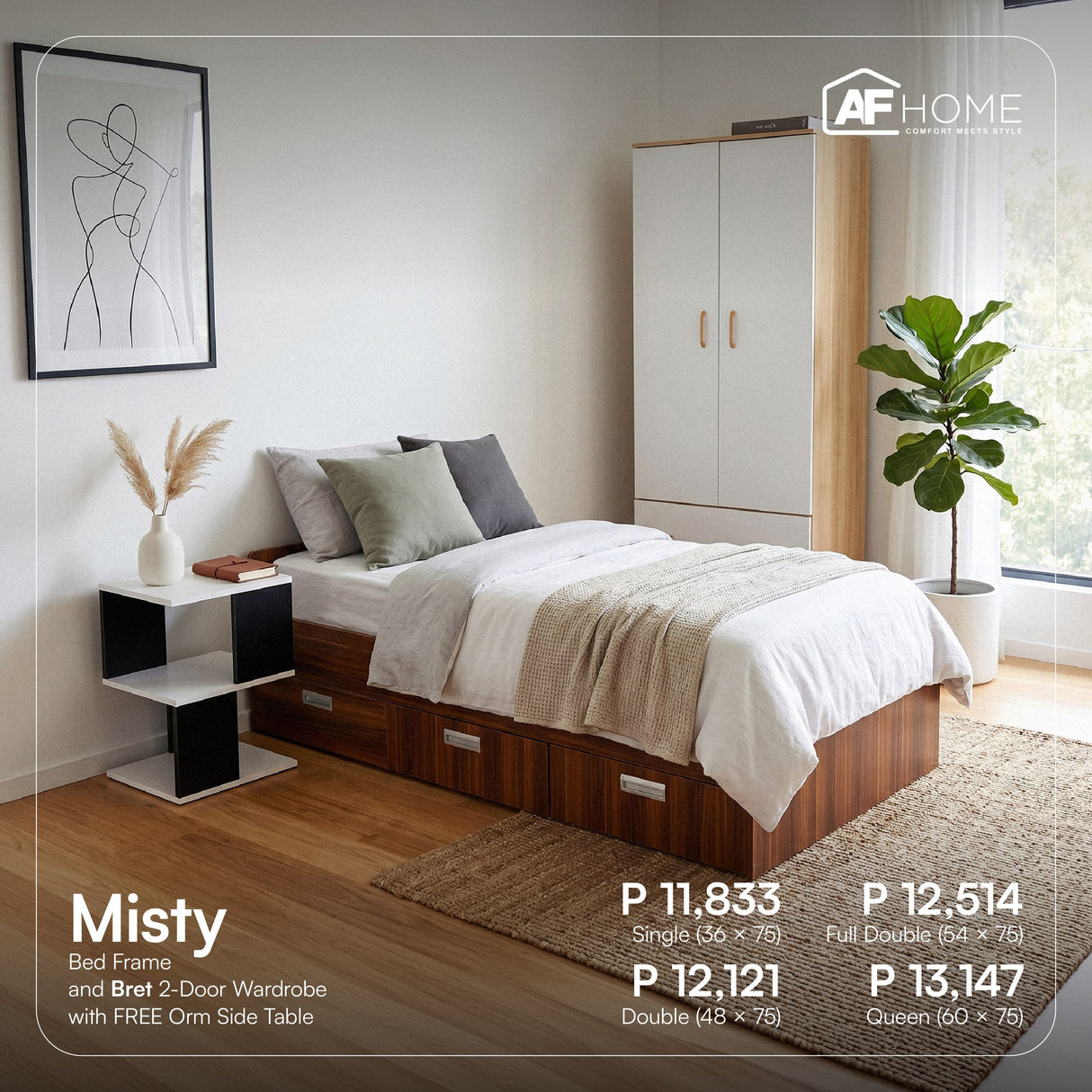 Payday Sale - Misty Bed + Bret Wardrobe FREE Orm Side Table