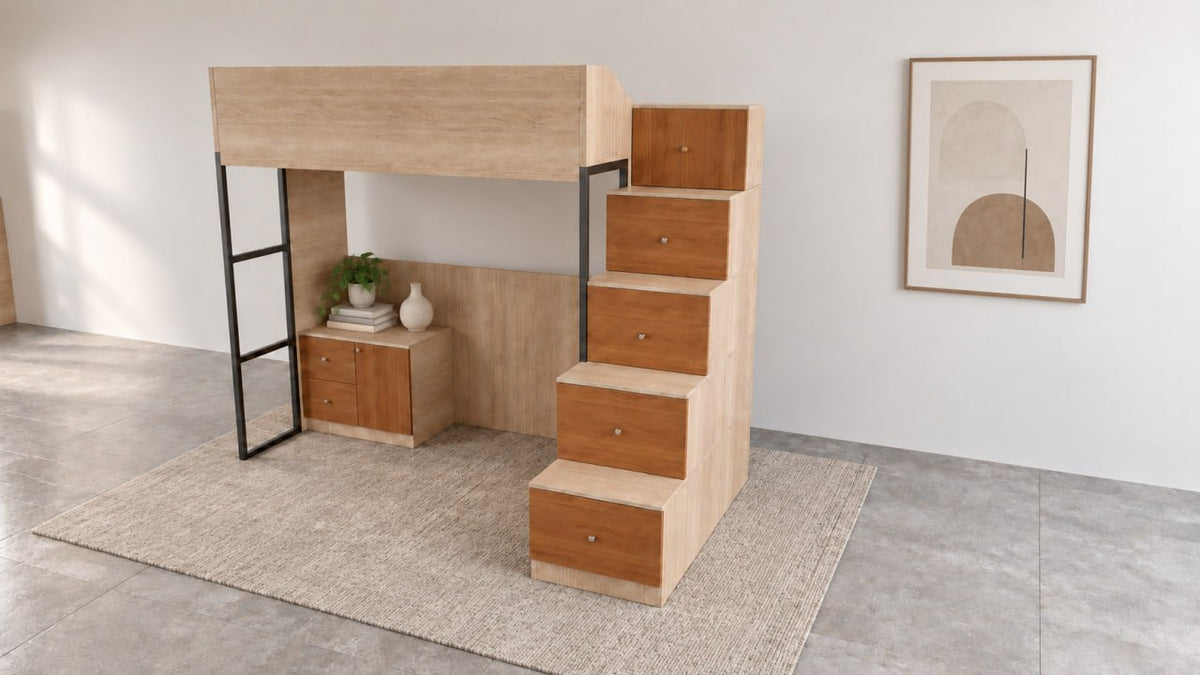Cleo Loft Bed with Storage Cabinet and Storage Drawer Staircase