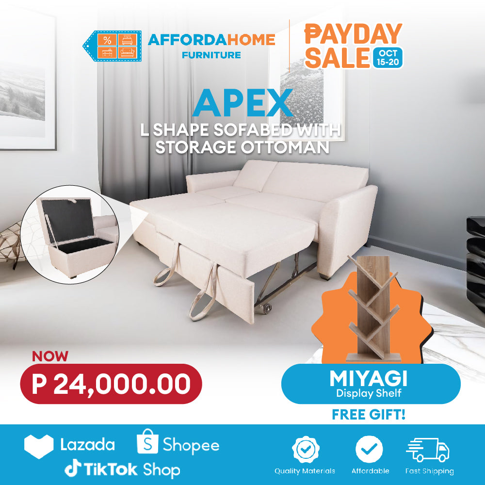 APEX Sofabed with Storage Ottoman | FREE MIYAGI DISPLAY SHELF | Payday Sale Furnigo