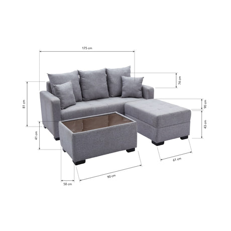 SYLVESTRE Fabric Sofa Set with Ottoman and Center Table with Glass Top Furnigo