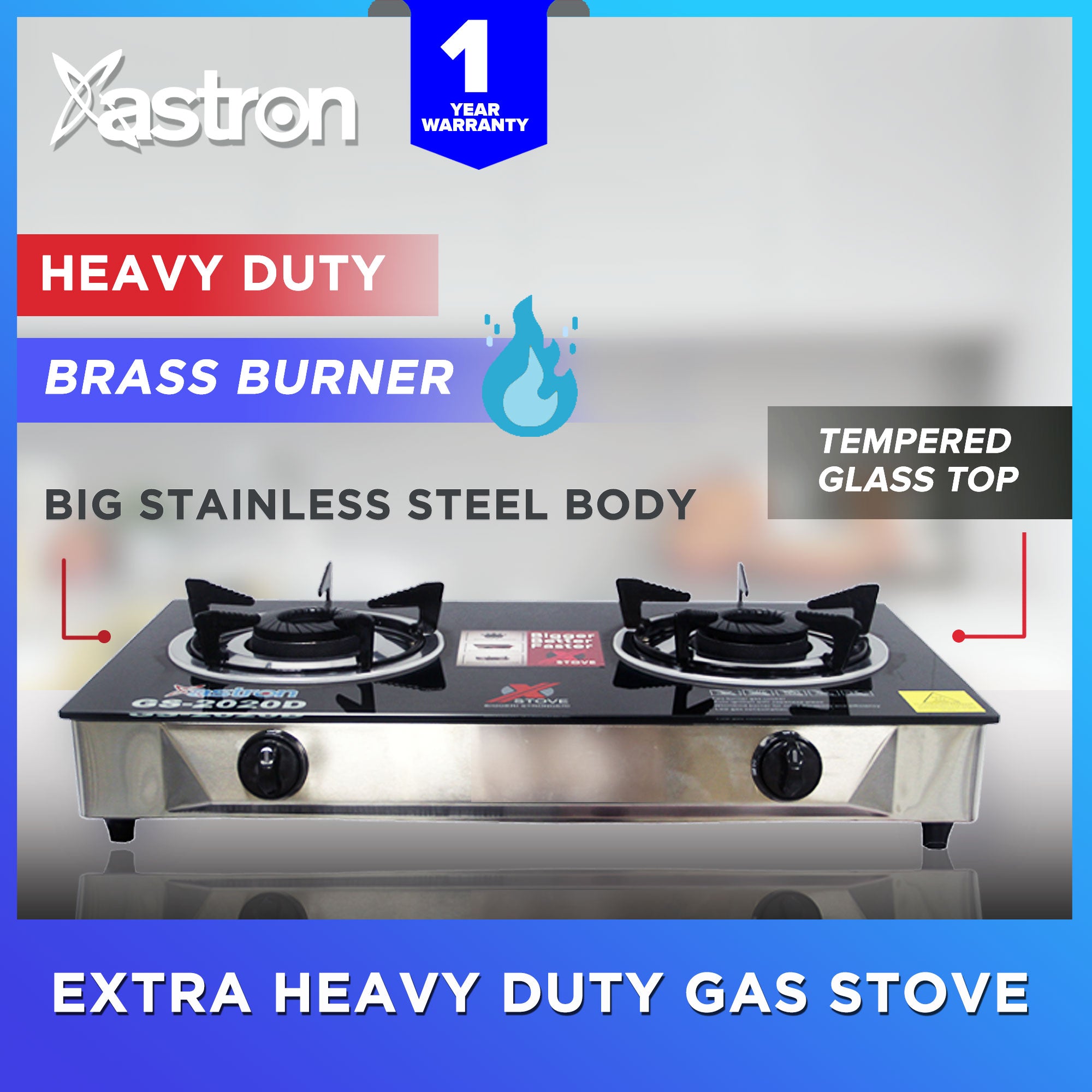 ASTRON GS-2020 Extra Heavy Duty Double Burner Gas Stove with Tempered Glass Top Astron
