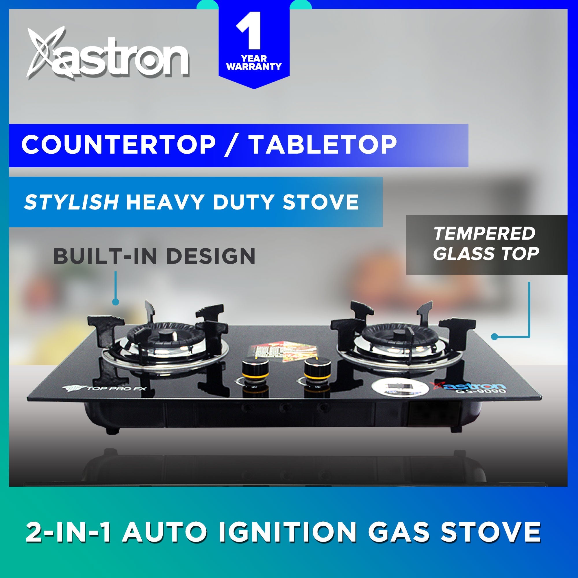 ASTRON GS-9090 Built-in Double Burner Gas Stove with Hob and Tempered Glass Top Astron