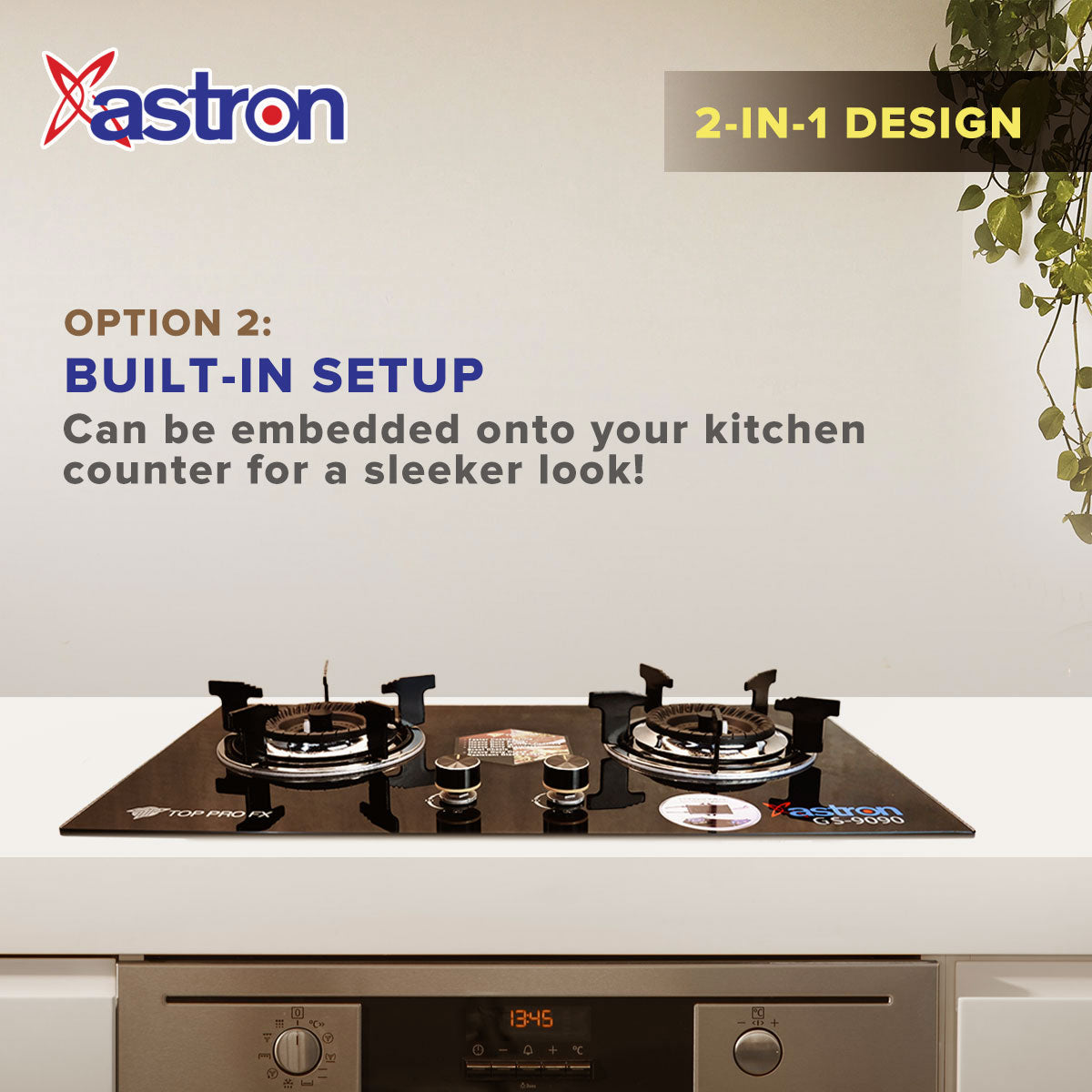 ASTRON GS-9090 Built-in Double Burner Gas Stove with Hob and Tempered Glass Top Astron