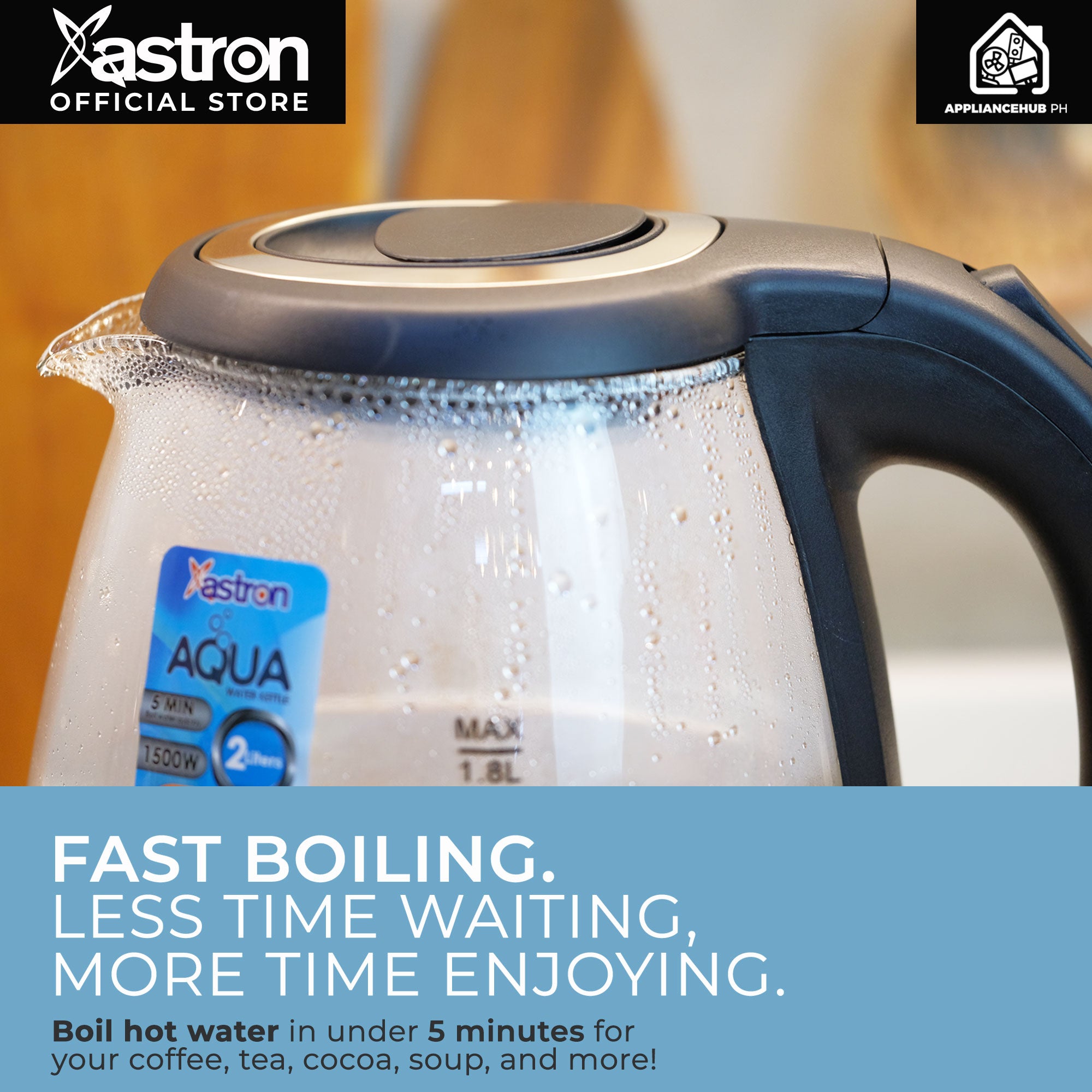 ASTRON AQUA Electric Glass Kettle with LED Light (1.8L) (1500W) | Fast boiling Astron