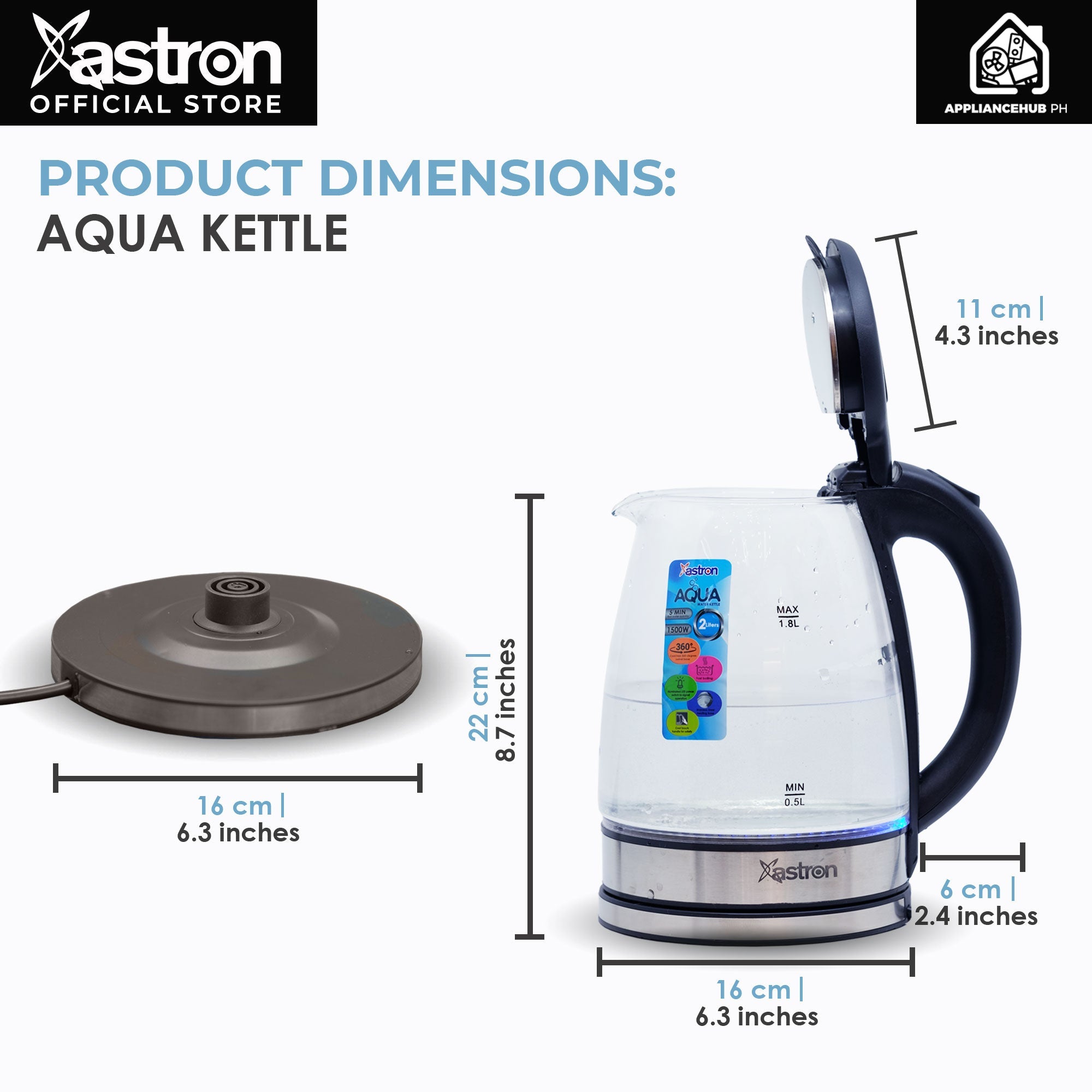 ASTRON AQUA Electric Glass Kettle with LED Light (1.8L) (1500W) | Fast boiling Astron