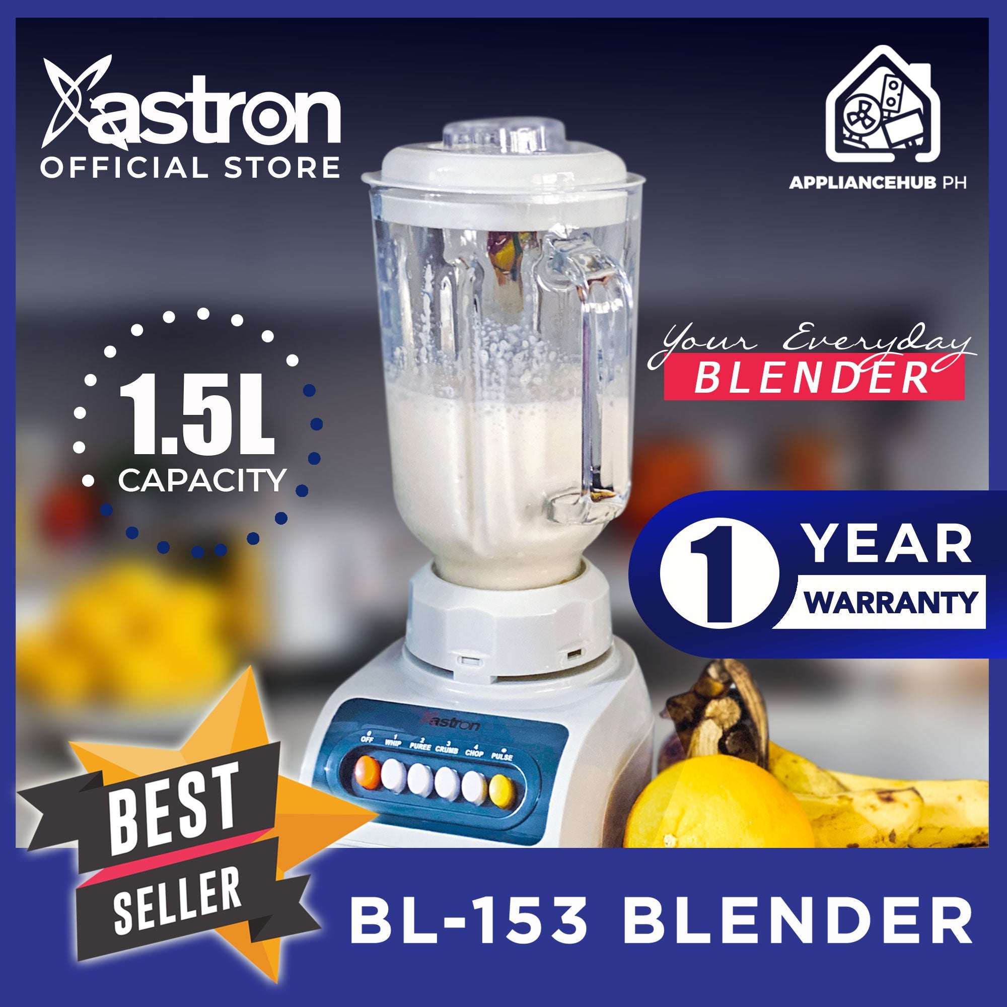 ASTRON BL-153 Blender with 1.5L Glass Jug (White) Astron