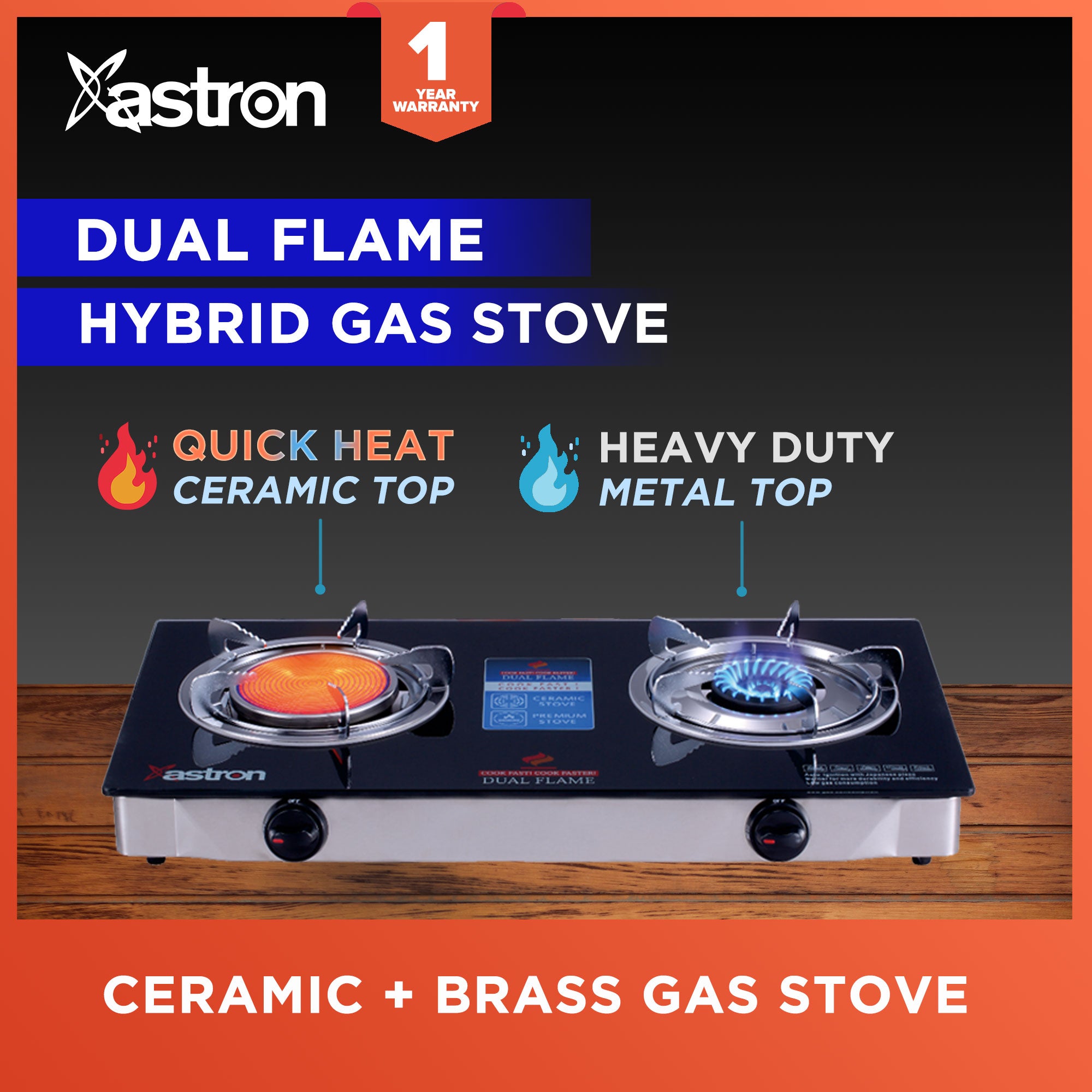 ASTRON DUAL FLAME Ceramic and Metal Double Burner Gas Stove with Tempered Glass Top infrared Burner Astron