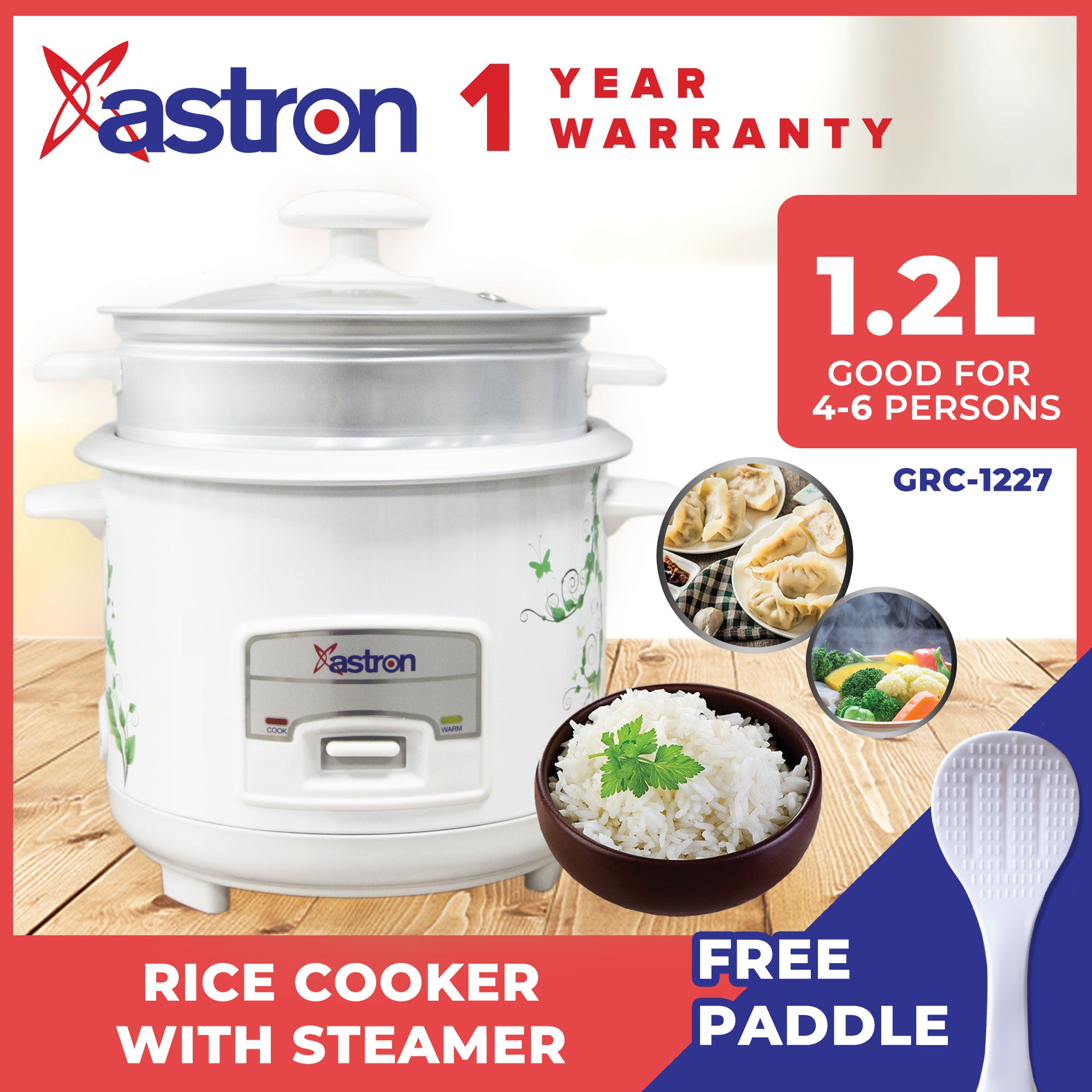 ASTRON GRC-1227 Rice Cooker with Steamer (1.2L) Astron
