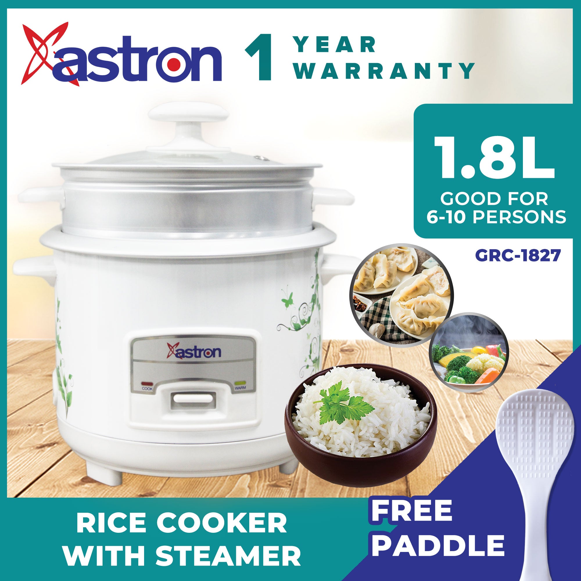 ASTRON GRC-1827 Rice Cooker with Steamer (1.8L) Astron