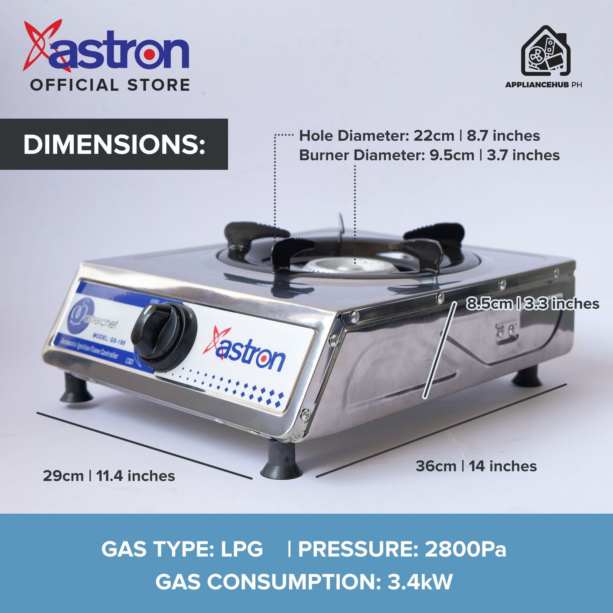 ASTRON GS-188 Heavy Duty Single Burner Gas Stove Stainless Body Astron