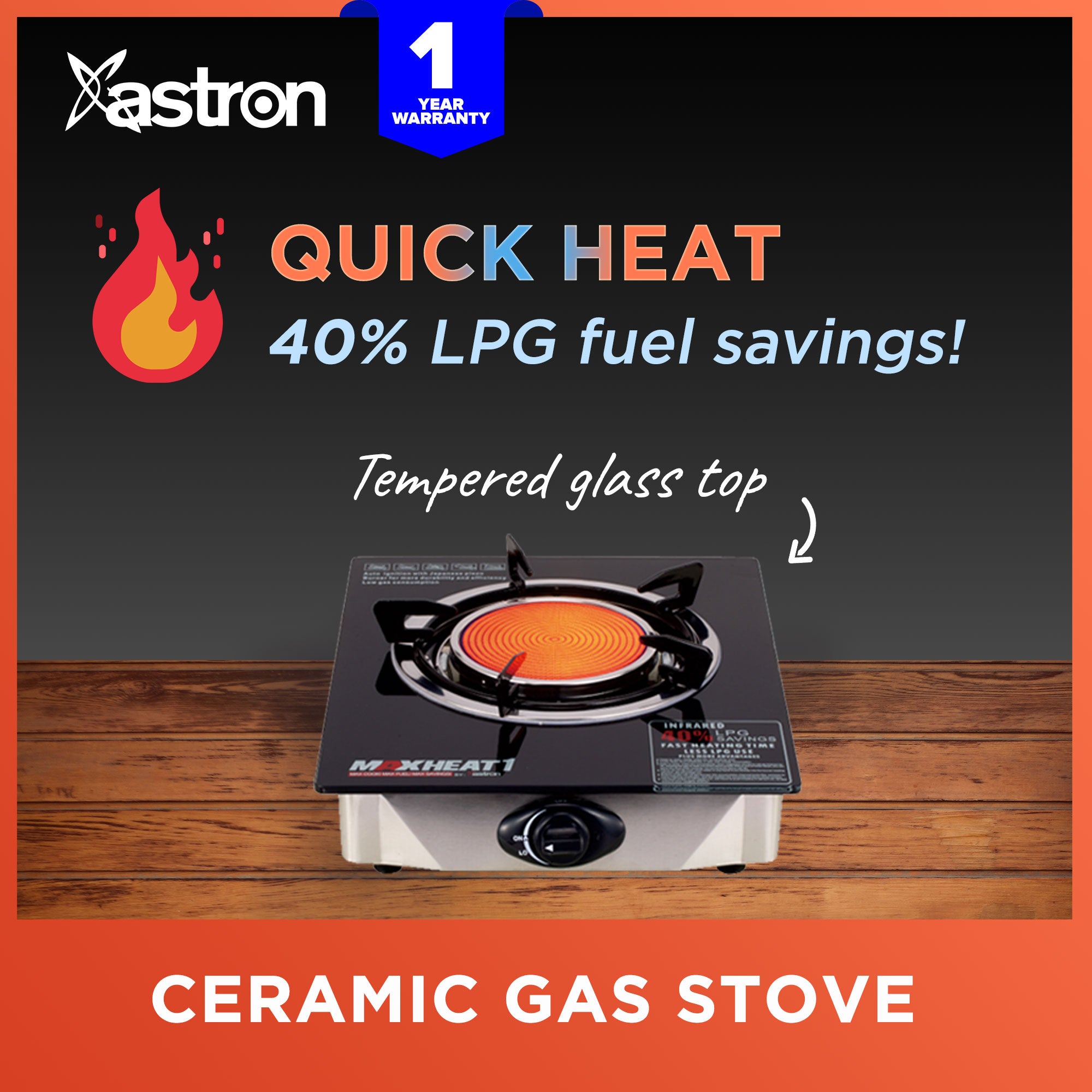 ASTRON MAXHEAT1 Single Burner Ceramic Gas Stove with Tempered Glass Top Infrared Burner Astron
