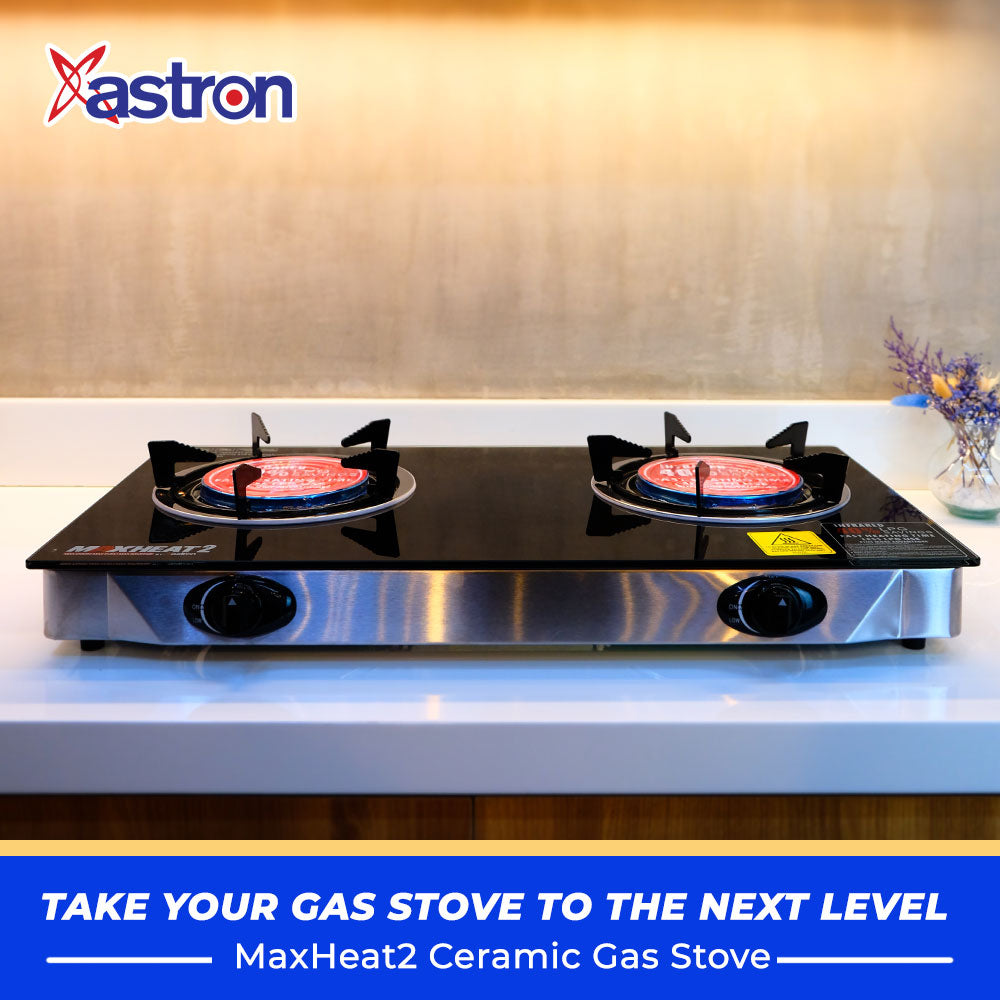 ASTRON MAXHEAT2 Double Burner Ceramic Gas Stove with Tempered Glass Top Infrared Burner Astron