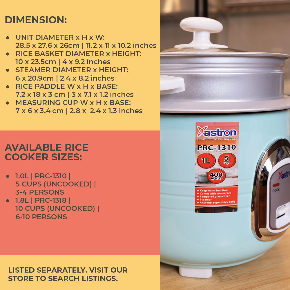 ASTRON PRC-1310 RICE COOKER (1.0L, 5 CUPS, W/ STEAMER, EXTRA THICK BODY) Astron