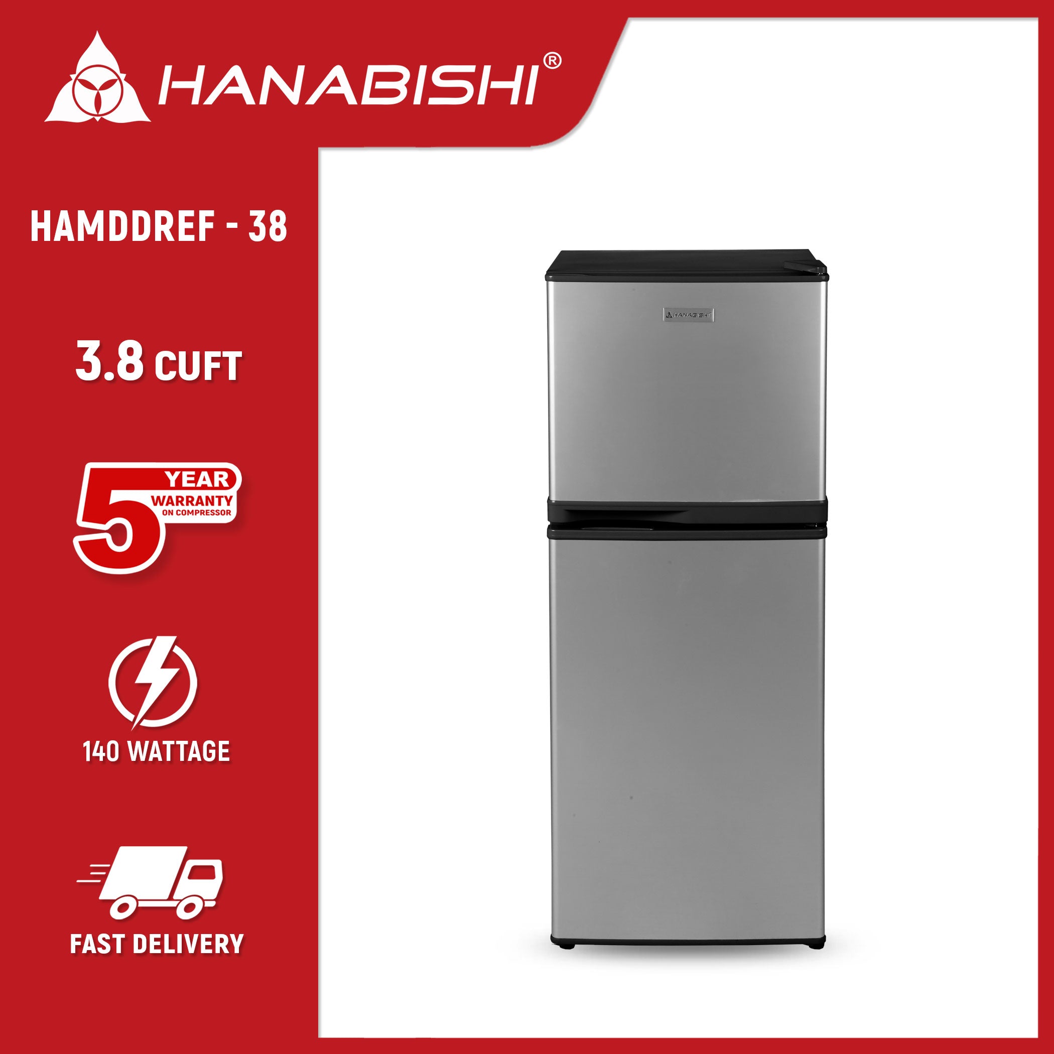 HANABISHI 3.8 cu.ft. Double Door Refrigerator HAMDDREF-38 Hanabishi