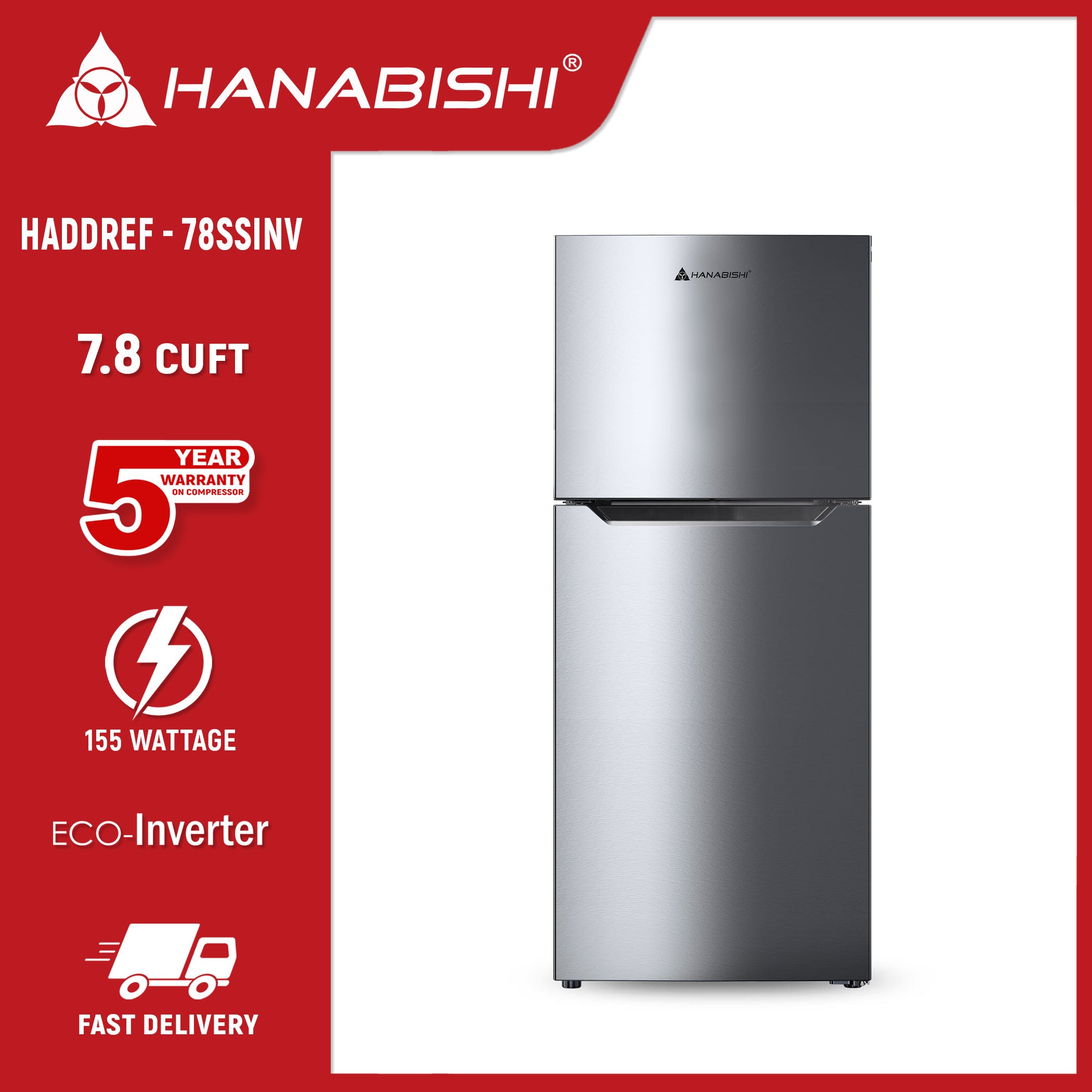 HANABISHI 7.8 cu.ft. Double Door Inverter Refrigerator HADDREF-78SSINV Hanabishi