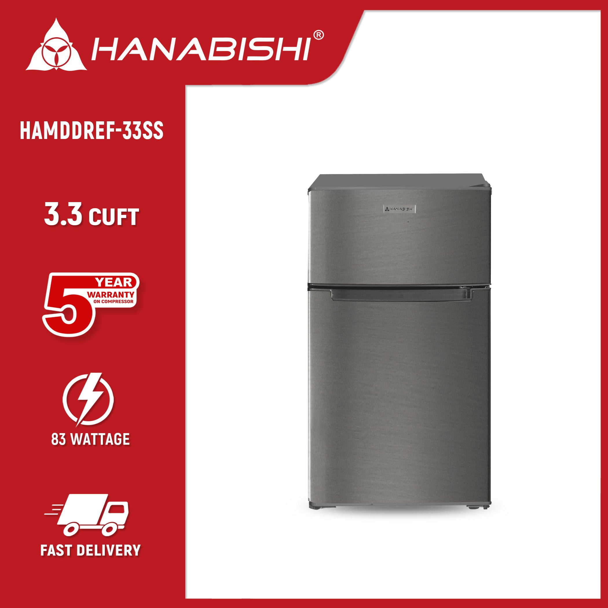 HANABISHI 3.3 cu.ft. Double Door Refrigerator HAMDDREF-33S Hanabishi