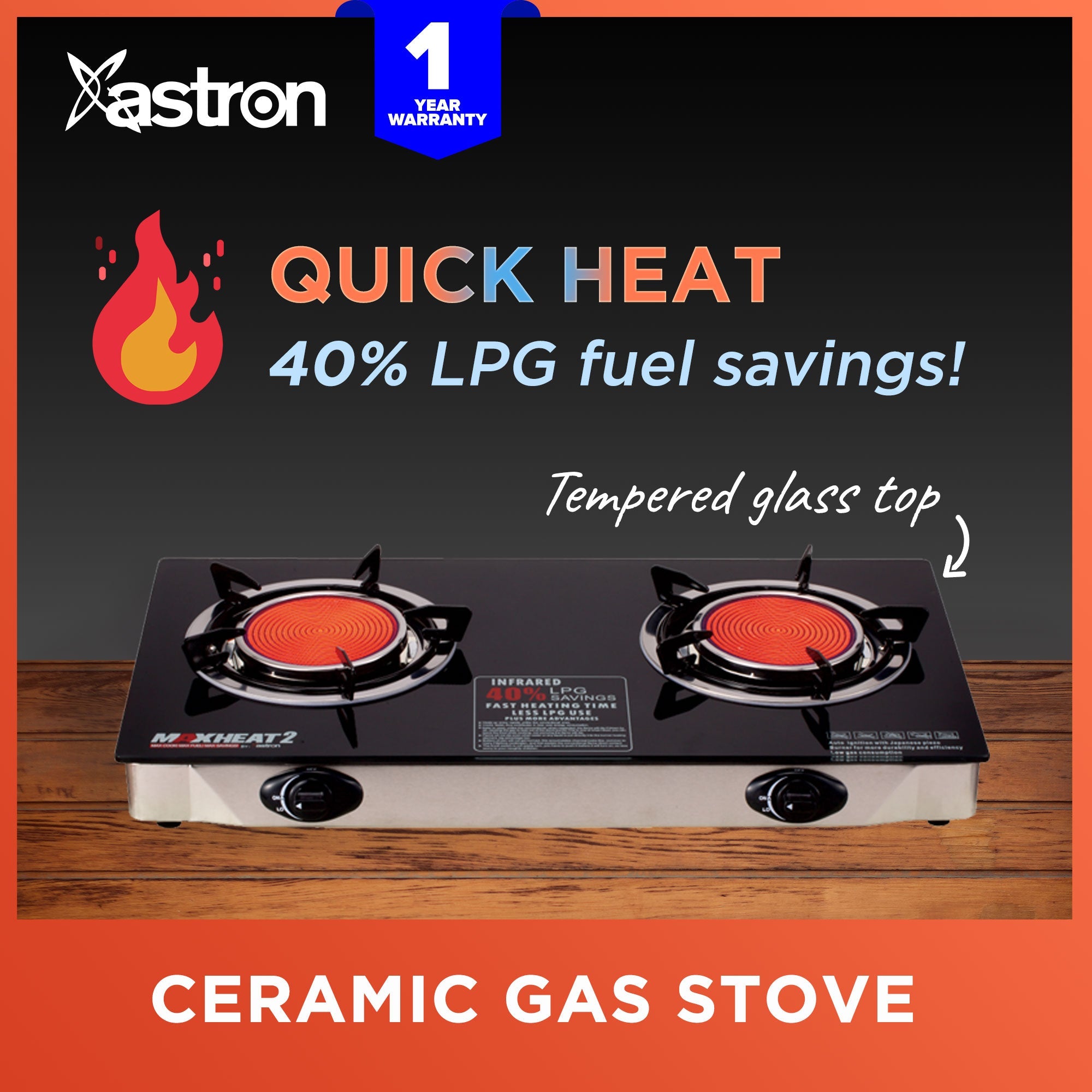 ASTRON MAXHEAT2 Double Burner Ceramic Gas Stove with Tempered Glass Top Infrared Burner Astron
