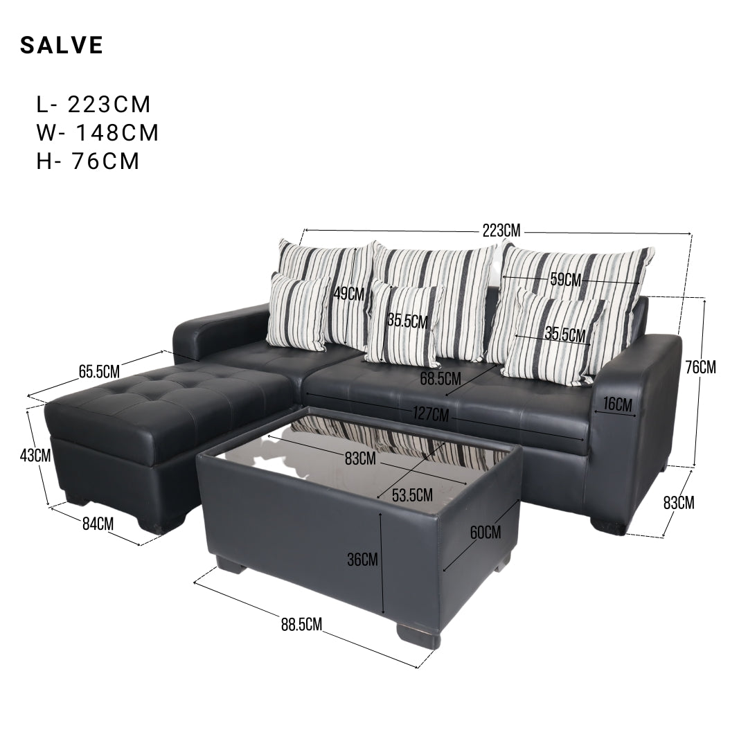 SALVE L-Shape Leather Sofa w/ Free 6 Throw Pillows Upholstered Glass-top Center Table and Ottoman AF Home